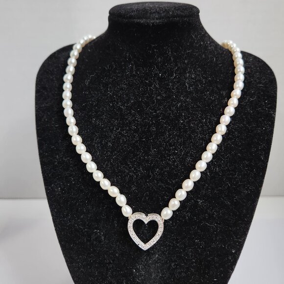 HSN Jewelry - VTG NIB 925 Freshwater Pearl & Pave style Heart Necklace 18"
